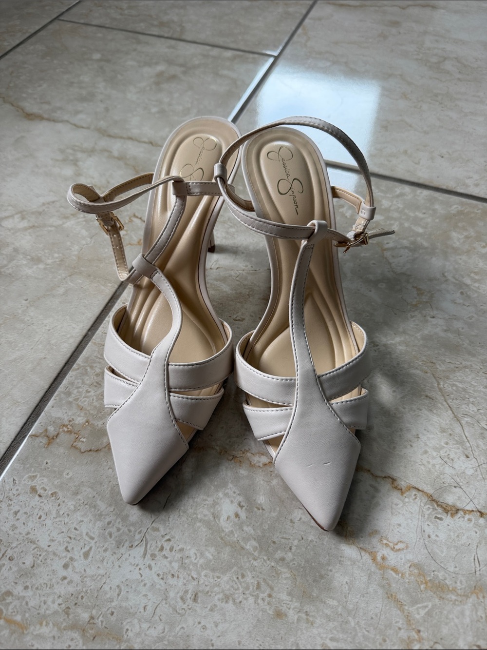 Jessica Simpson Light Cream Pointed T-Strap Heels